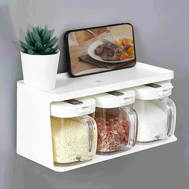 日式自动开合调料盒厨房调味罐调料盐罐糖收纳家用组合一体置物架