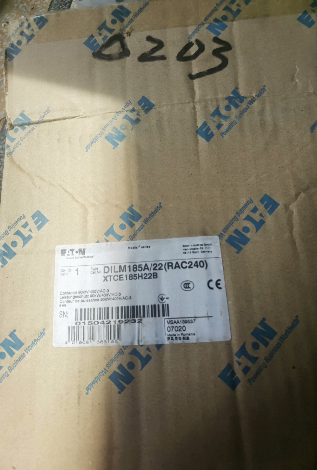 伊顿接触器DILM185A/22(RAC240）  XTCE