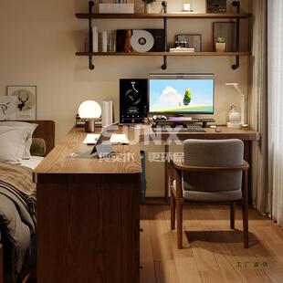 实木全转角书桌书柜一体组合带屉角电落拐抽角L型工作台办公985脑
