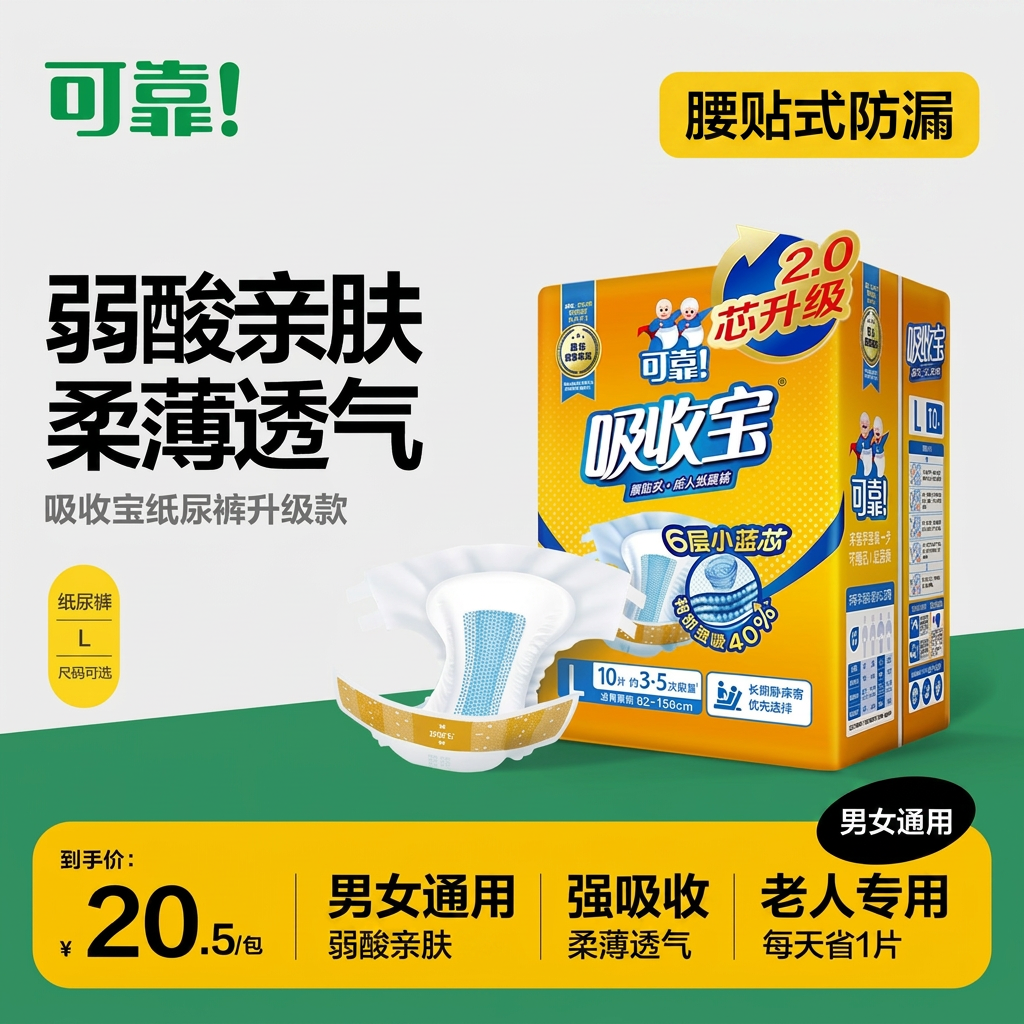 可靠吸收宝成人纸尿裤2.0老年人用尿不湿男女孕产妇尿垫尿片单包
