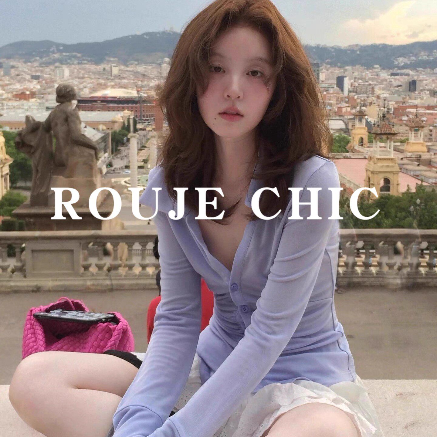 法国rouje chic法式纯欲辣妹紫色深V领长袖T恤女秋季气质短款上衣