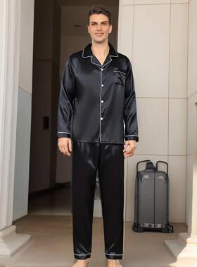 Men Pajamas Set Silk Satin Sleepwear For Man Shirt Long Slee