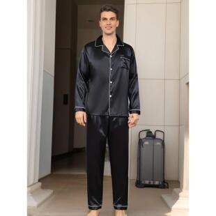 Men Set Pajamas Sleepwear Silk For Satin Shirt Slee Long Man