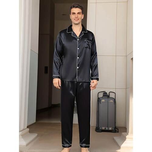 Men Pajamas Set Silk Satin Sleepwear For Man Shirt Long Slee