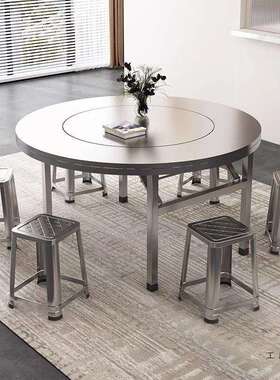 加不锈折叠大桌户钢圆外宴席家用餐桌厚内置转盘10985人吃饭简易