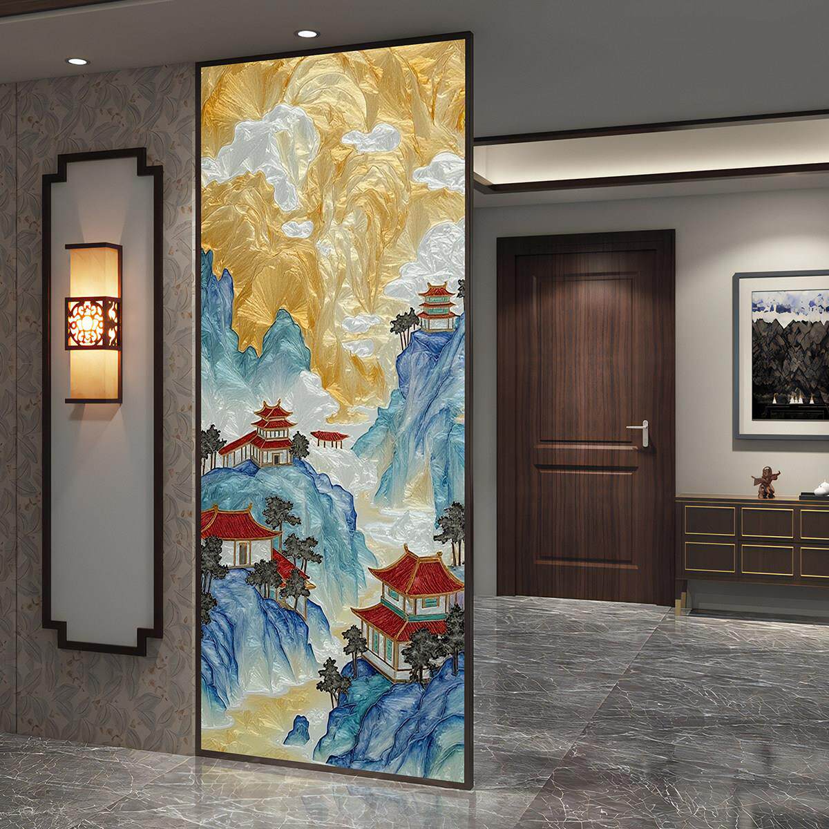 定制艺术玻璃山水画掐丝珐琅彩手工隔断屏风欧式客厅玄关轻奢高端