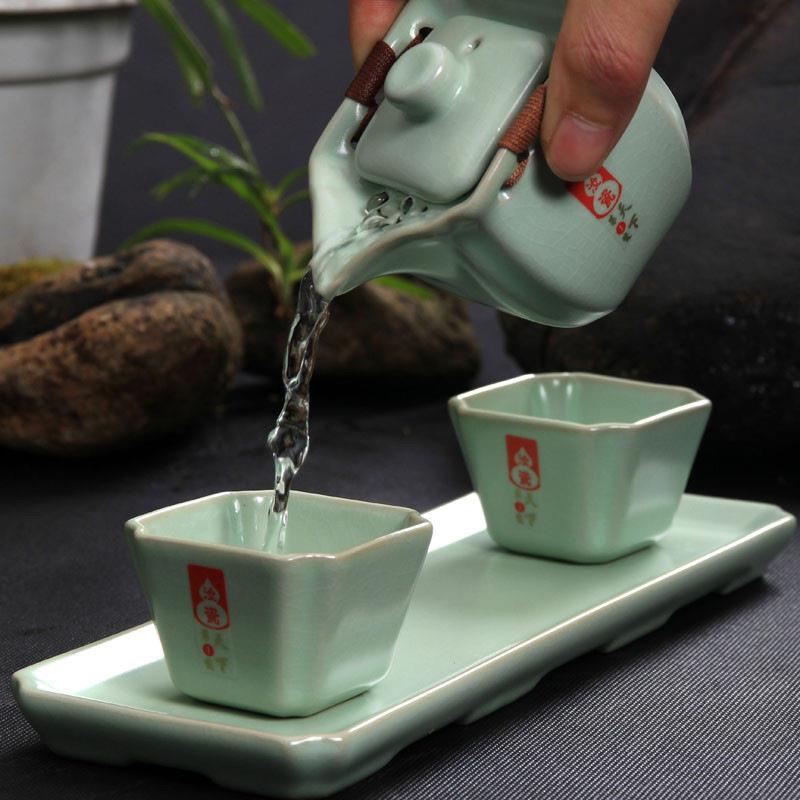 汝窑茶具快客杯简易一壶两杯两人办公室套装汉方杯陶瓷开片托盘