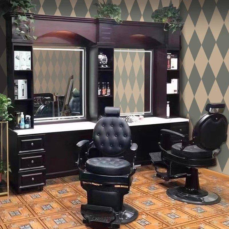 覆古男士barber油头馆镜台大理石台面实木落地美发理发店剪发专用图片