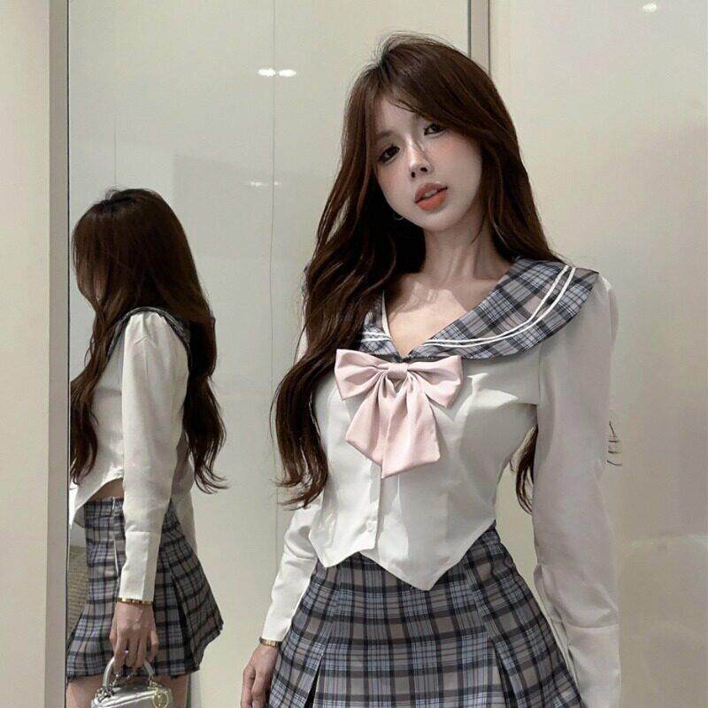 秋季学院风格子娃娃领女衬衫蝴蝶结制服长袖短款白衬衣减龄上衣