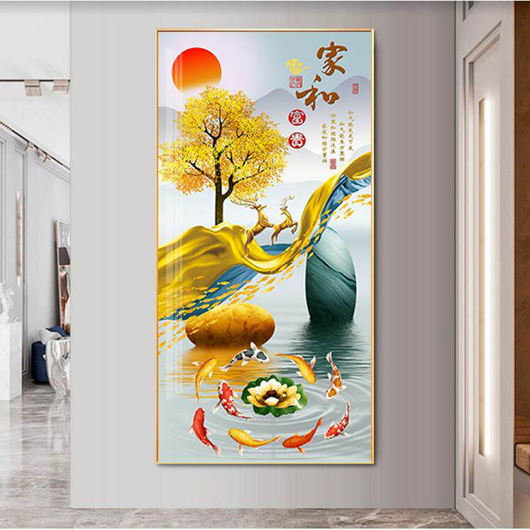 客厅入户玄关装饰画新中式挂画走廊尽头壁画竖版简约大气楼梯墙画