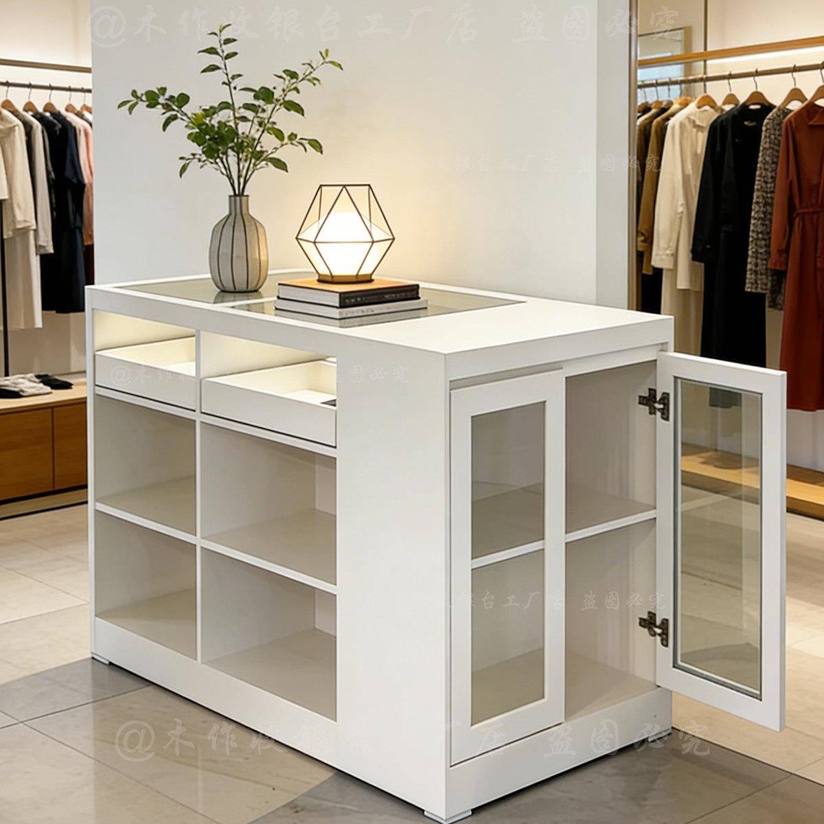 现代简约白色收银柜台玻璃门展示柜商用台面服装店吧台中岛台收纳