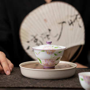 手绘紫藤花盖碗茶杯釉下彩陶瓷家用单个高档不烫手功夫茶具泡茶碗