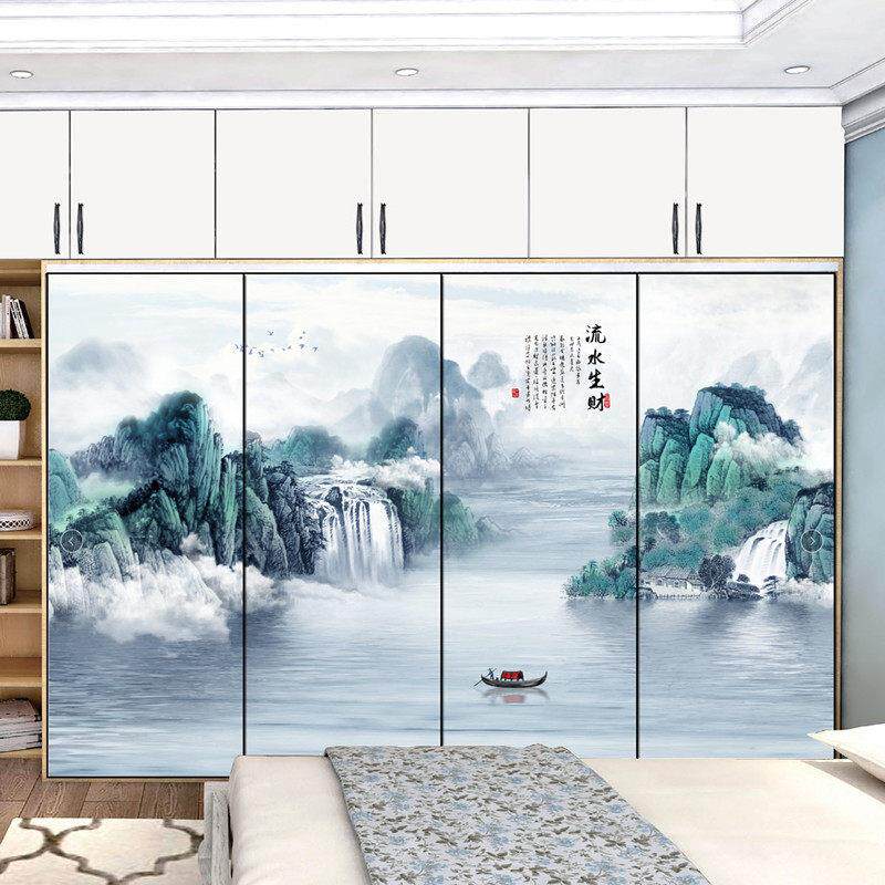 新中式彩绘推拉门中国风衣柜门定制水墨山水画移门壁柜门衣橱门