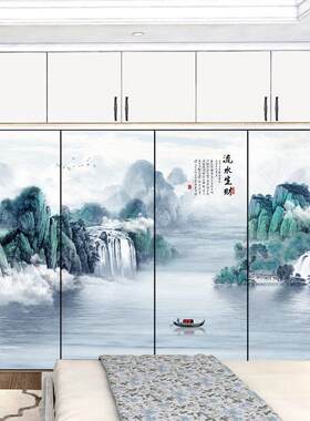 新中式彩绘推拉门中国风衣柜门定制水墨山水画移门壁柜门衣橱门