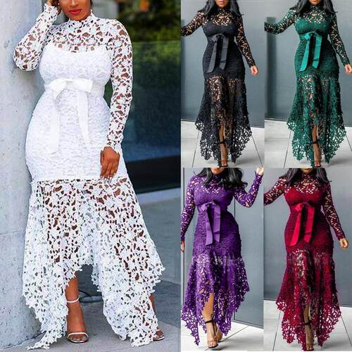 Women's Lace Hollow Out Long Sleeve Stand Collar Tie