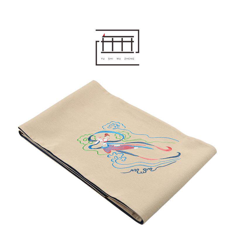 捧花飞天刺绣茶席 创意敦煌壁画衍生品布艺桌旗 茶道配件可绣log