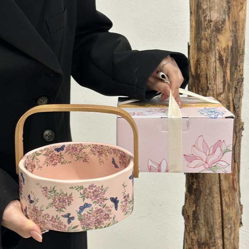 复古紫薇花陶瓷果篮家用客厅干果糖果点心盘手提水果篮伴手礼礼盒