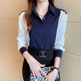 衬衫女装2024拼色港风长袖设计感小众气质雪纺上衣打底衫百搭