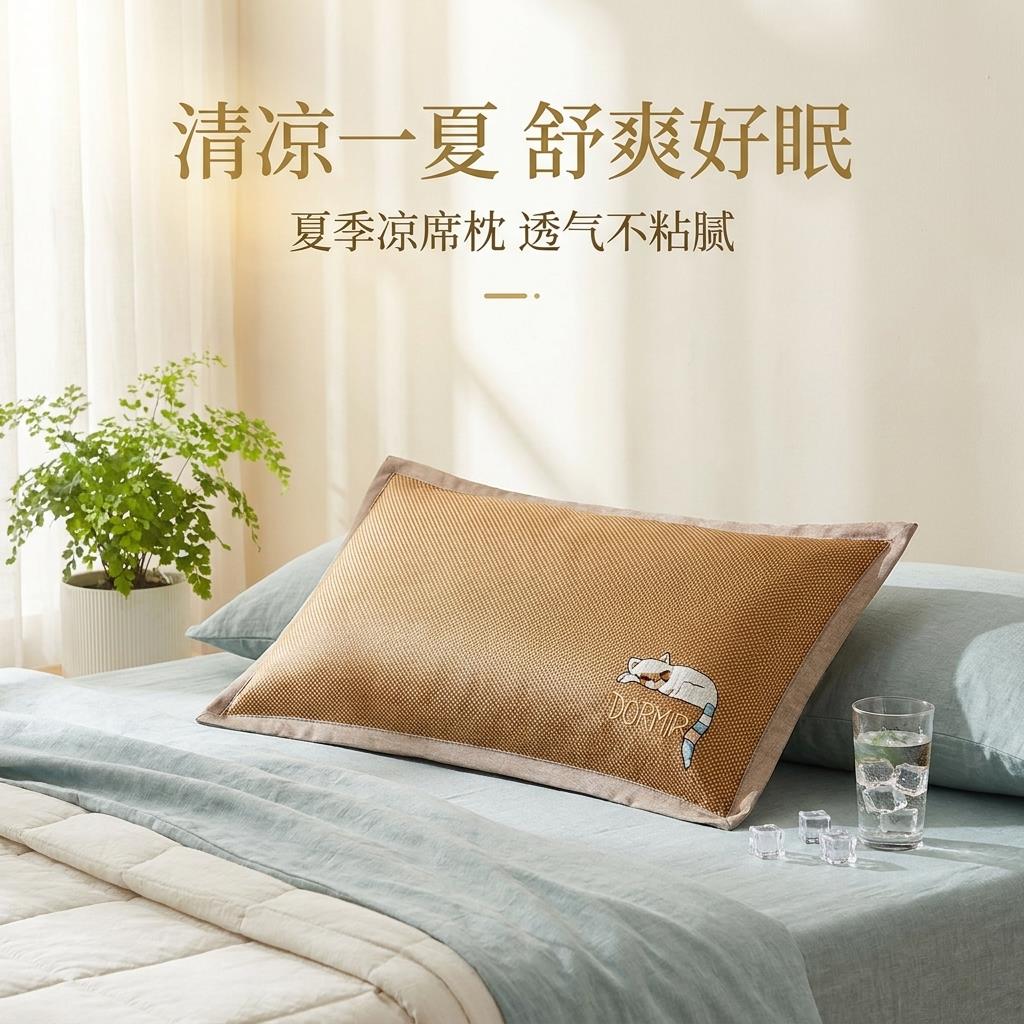 夏季双面冰丝枕头套夏天凉爽凉席枕套枕席凉枕芯套冰藤枕套一只装
