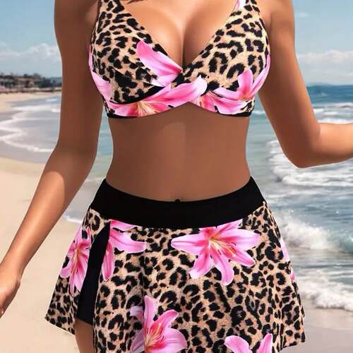 Women'S Two-Piece Bikini Set Skirt Swimsuit Leopard Floral