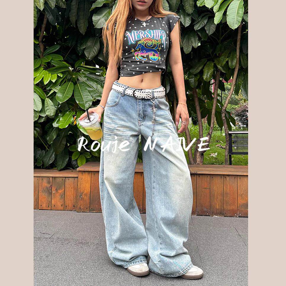 Rouje NAIVE美式复古春夏刺绣弯刀长裤牛仔裤女宽松高腰直筒阔腿