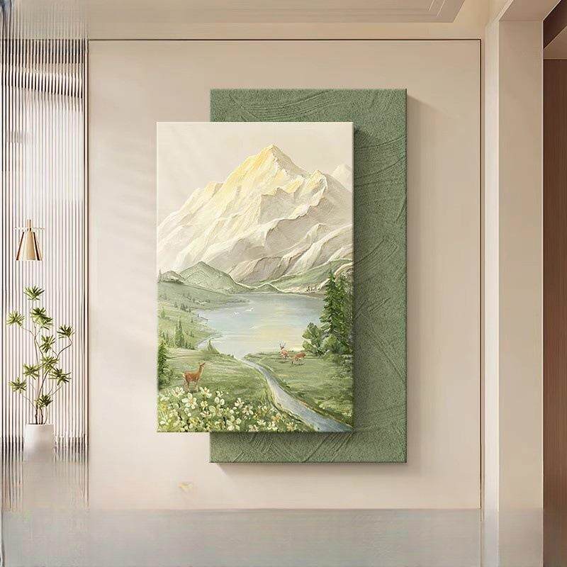 日照金山玄关装饰画奶油风走廊尽头挂画立体山水聚宝盆客厅壁画