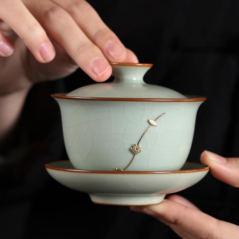 凌胜锔钉纯手工汝窑盖碗高端三才茶碗茶杯陶瓷茶具单个泡茶汝瓷
