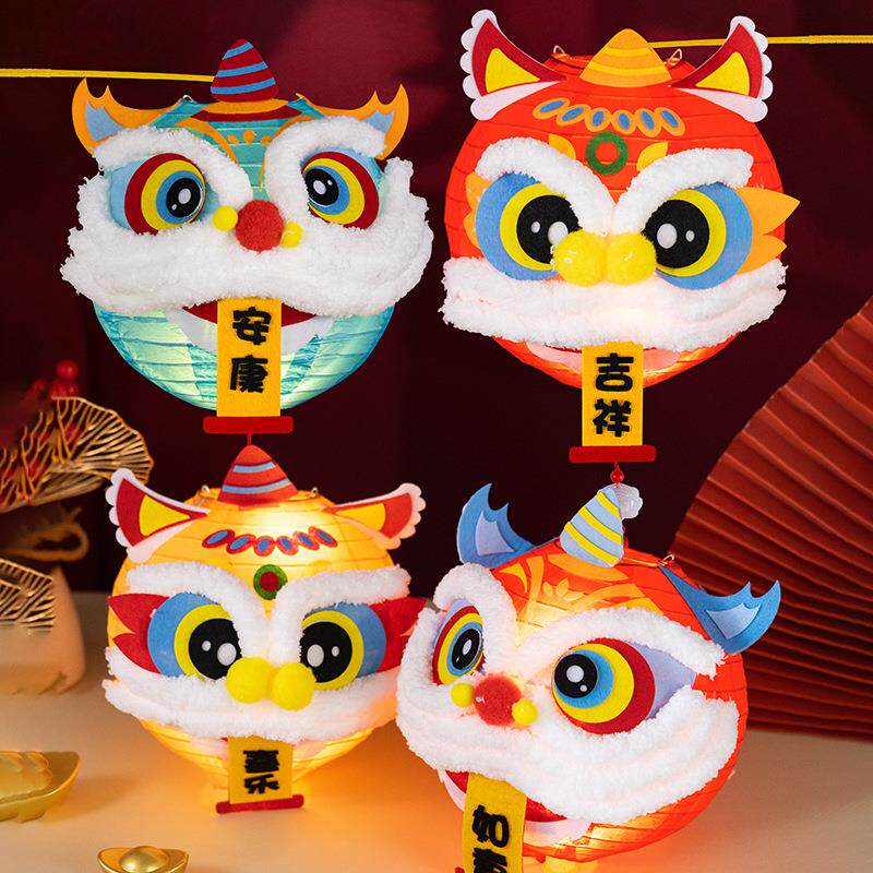 春节醒狮灯笼diy制作材料儿童创意亲子手工新年发光舞狮灯笼