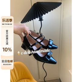 cdollhandmade尖头粗跟蝴蝶结，双带玛浅口玛丽珍中高跟黑色小皮鞋