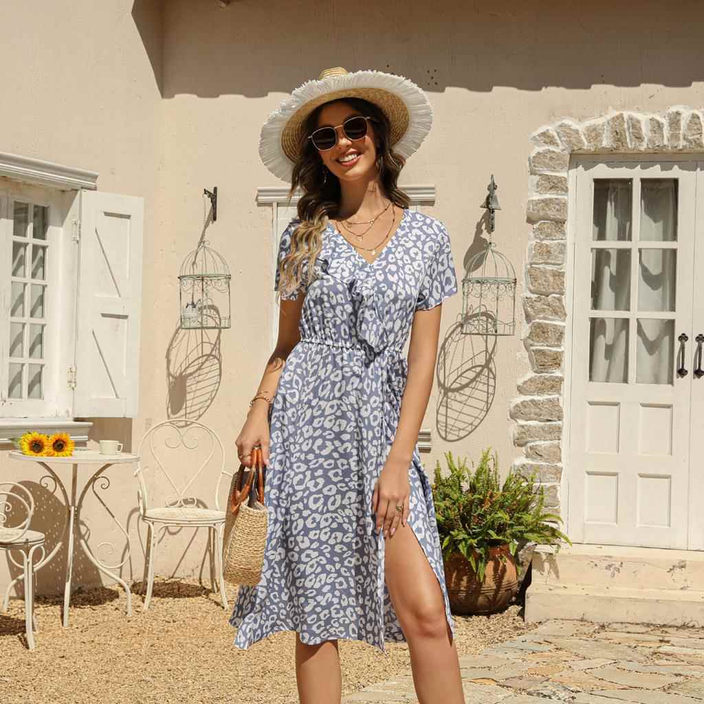 leopard beach dress waist ruffle with Short-sleeved print