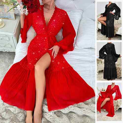 V-neck evening gown, dress, sleepwear, women's long