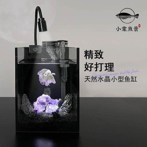 桌面鱼缸紫水晶暗黑风小型玻璃缸过滤循环免换水槽鱼生态鱼缸原创