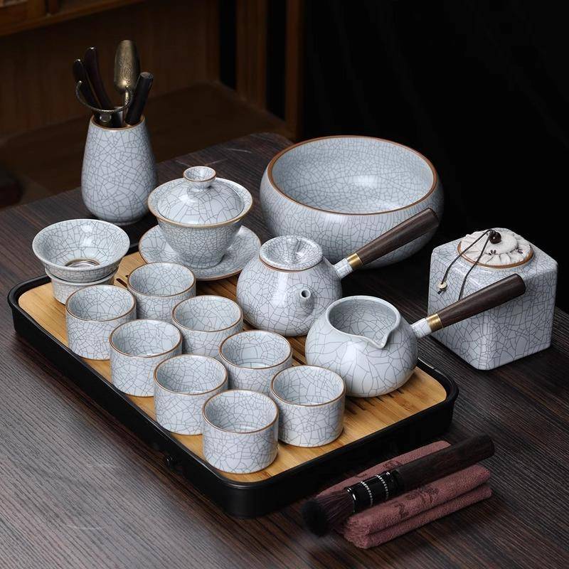 月白汝窑茶具茶盘套装家用轻奢高档陶瓷泡茶壶茶杯小型办公室喝茶