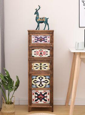 墙美实木彩绘CZI斗柜储物柜客厅靠0竖极窄式床头柜3胡桃色免安装