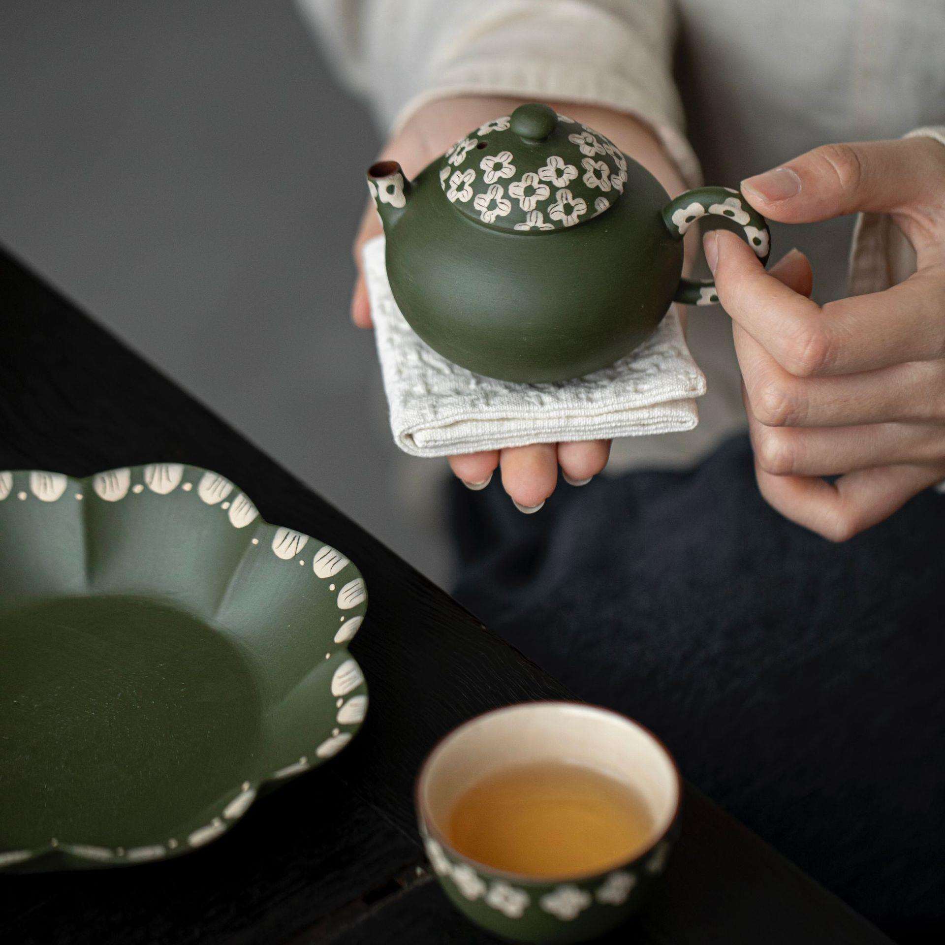 野有作手绘棱花空梦茶壶釉下青花家用陶瓷茶具泡茶壶雅玩手执壶