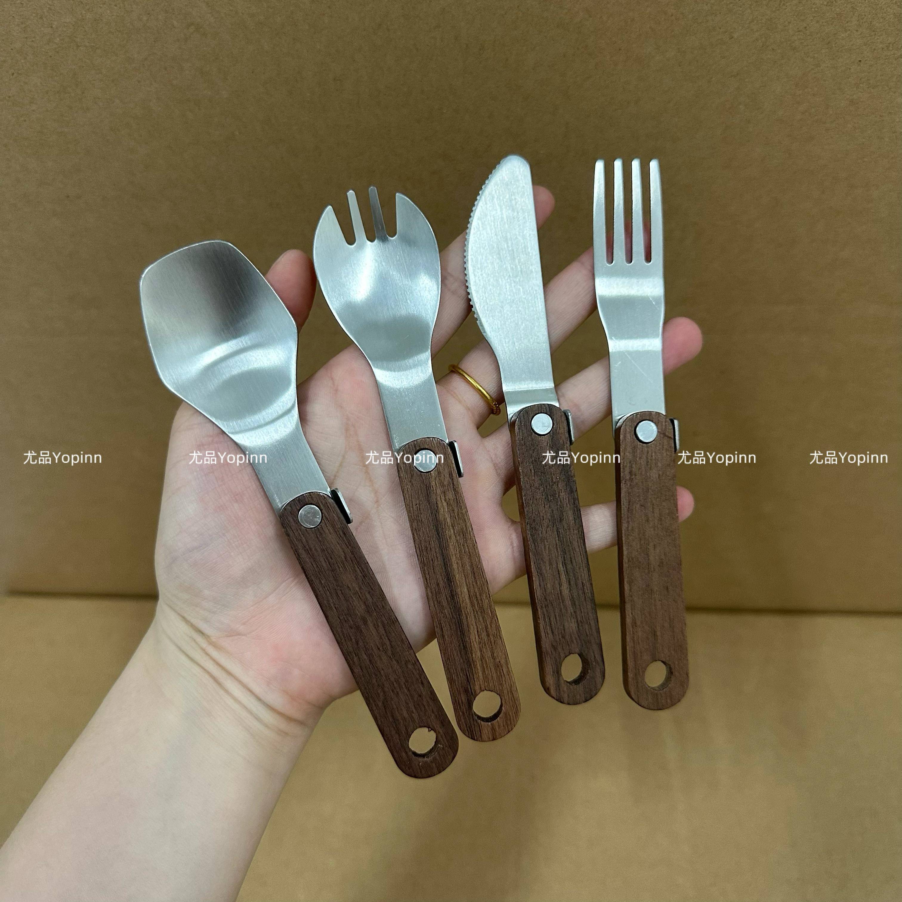 尤品可折叠便携刀叉勺套装木柄304不锈钢户外露营餐具便携餐具套