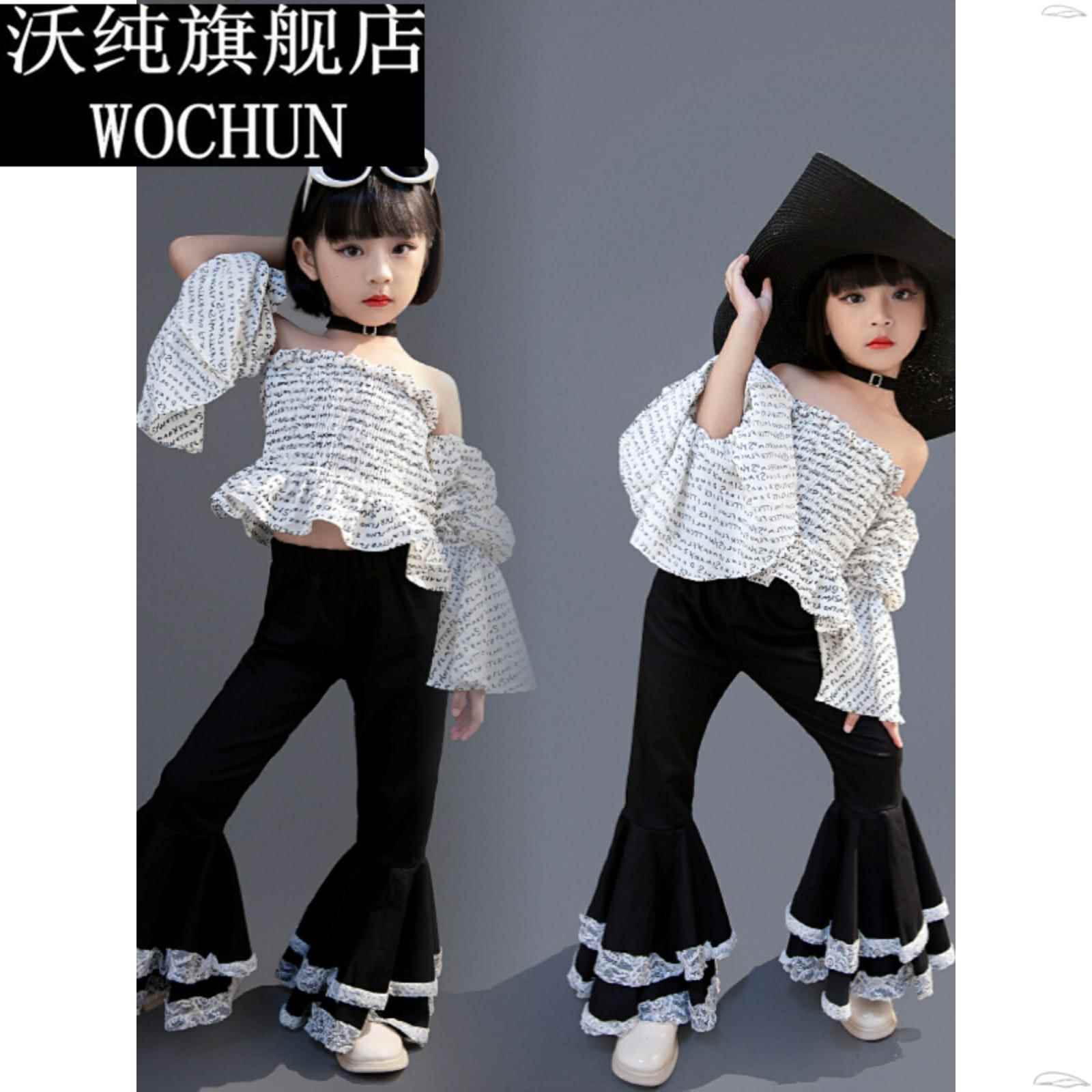 女童复古港风味8090走秀套装儿童时尚花边喇叭裤漏肩上衣演出服新