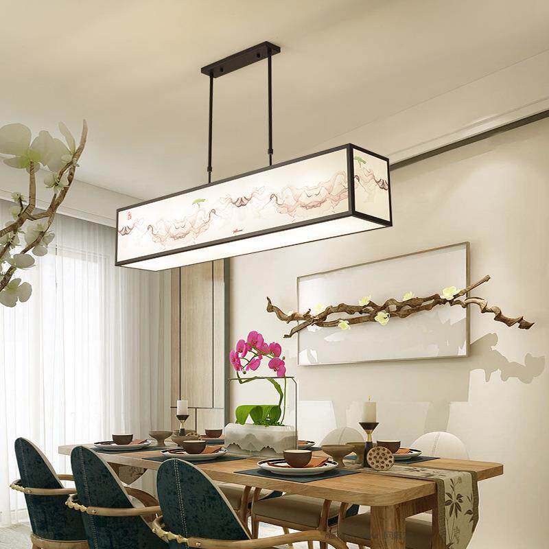 水墨画长方形新中式吊灯中国风餐厅茶室现代简约大气书房布艺灯具