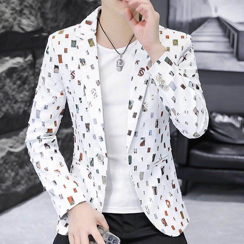 印花休闲小西服男青年韩版修身发型师便西上衣男装个性西装外套潮