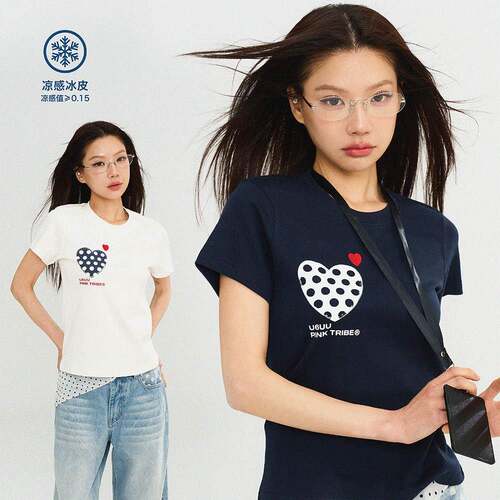 U6UU PinkTribe 韩系爱心波点短袖T恤女夏季修身显瘦百搭圆领上衣