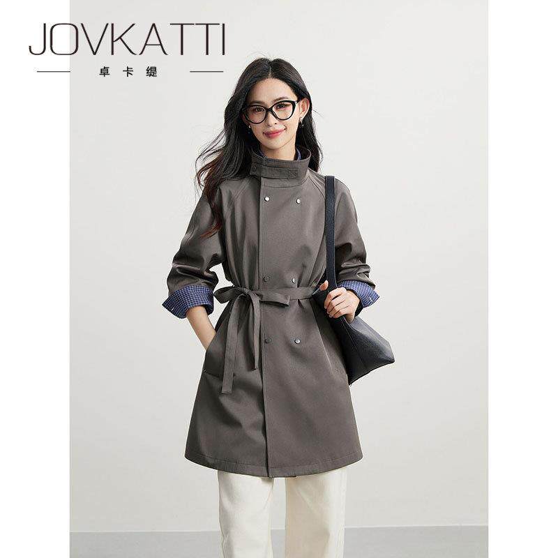 JOVKATTI春季新款英伦风立领双排扣风衣中长款系带收腰显瘦外套女
