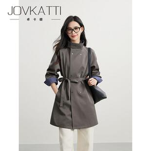 JOVKATTI春季新款英伦风立领双排扣风衣中长款系带收腰显瘦外套女