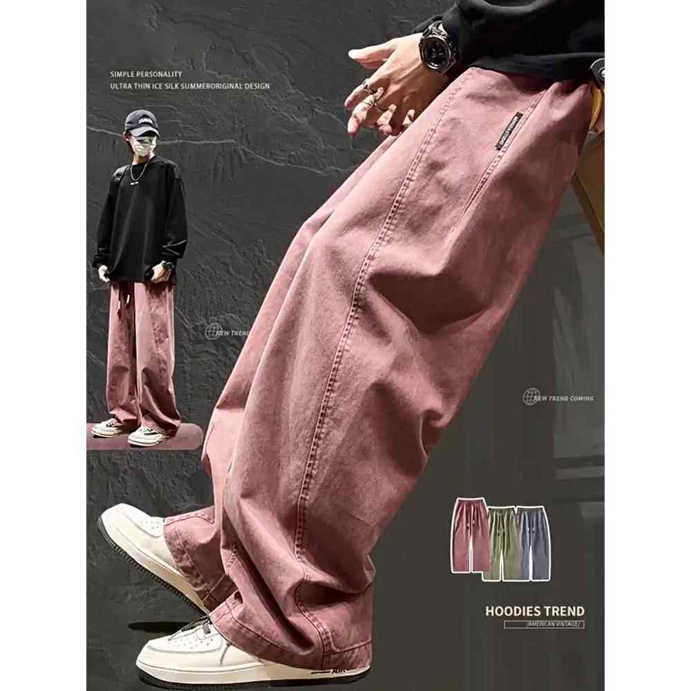 潮牌美式覆古休闲卫裤男士痞帅拼接宽松直筒纯棉弯刀裤粉色工装裤