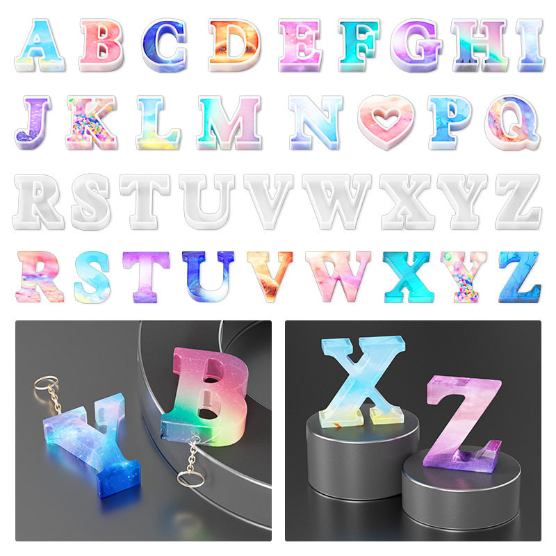 2款水晶滴胶模具26个英文字母数字整版挂饰高镜面蛋糕模硅胶模具