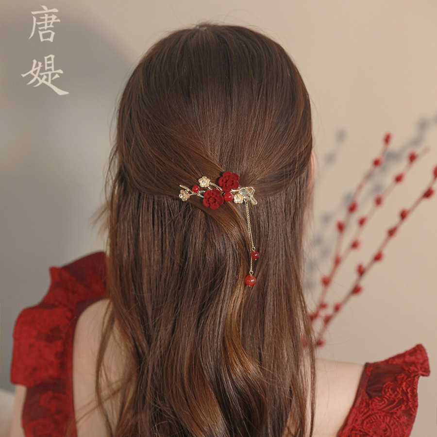 中国红色梅花流苏发夹侧边发饰
