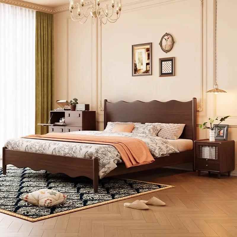 中古风实木床法式波浪小户型简约1.51.8米双人床南洋复古风实木床