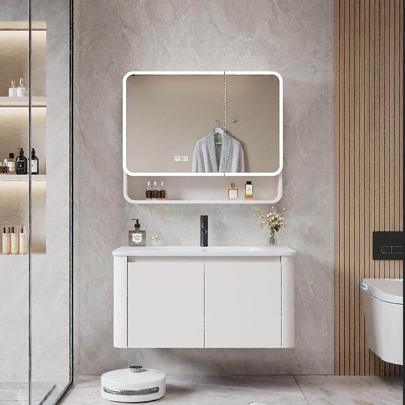 奶油风圆角浴室柜组合洗手洗脸盆柜太空铝卫浴柜洗漱台陶瓷一体盆