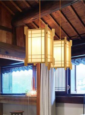 木艺小吊灯方形宫灯卡座过道走廊中式覆古侘寂风简约原木色餐吊灯