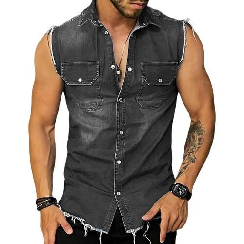 Y 48921 Casual Denim Vest Sleeves Button Front Pocket 翻