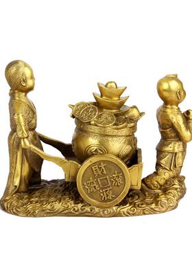 朴器 铜童子推车送财摆件家居装饰开业礼品